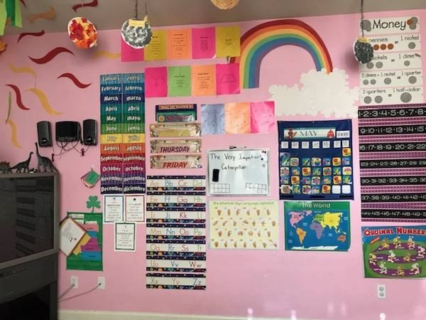 Preschool learning wall with alphabet, calendar, numbers, and world map